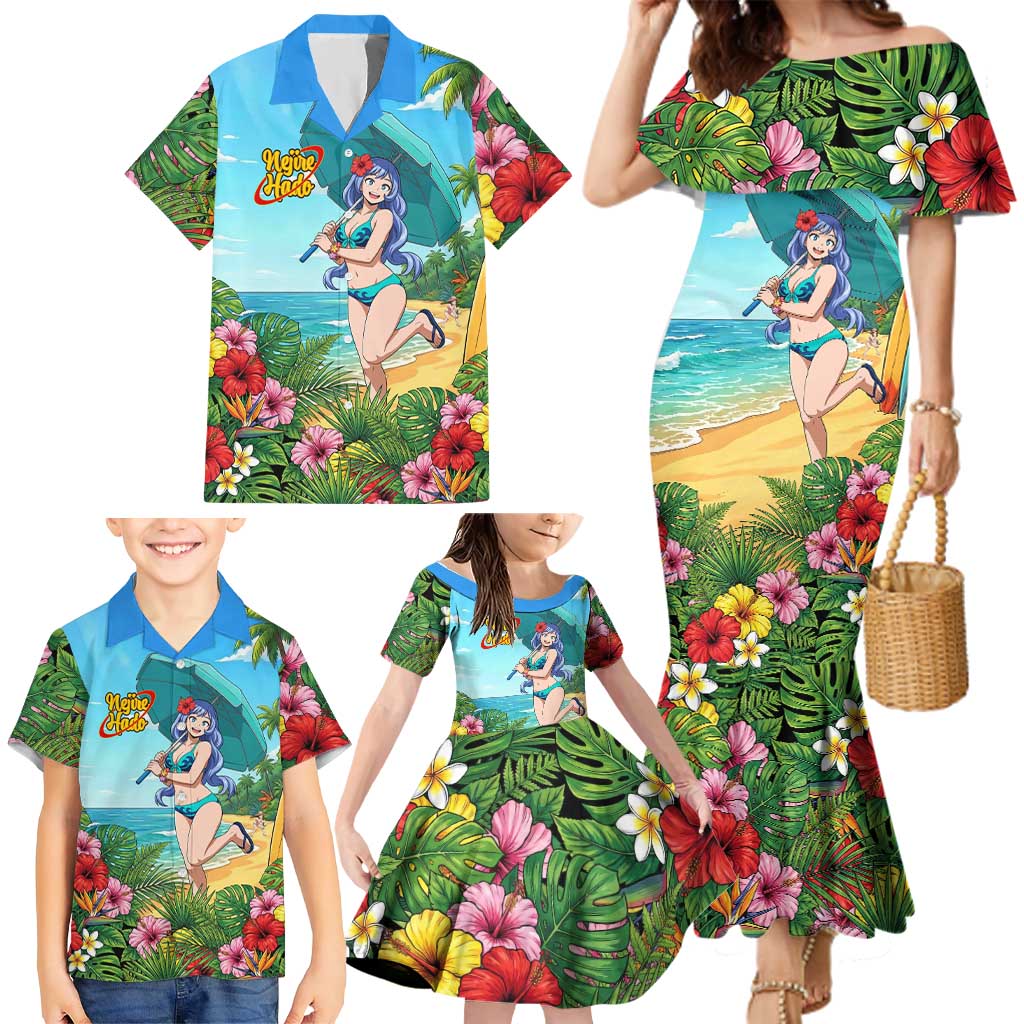 Nejire Hado Summer Chill Family Matching Mermaid Dress and Hawaiian Shirt Tropical Anime Surfside Art