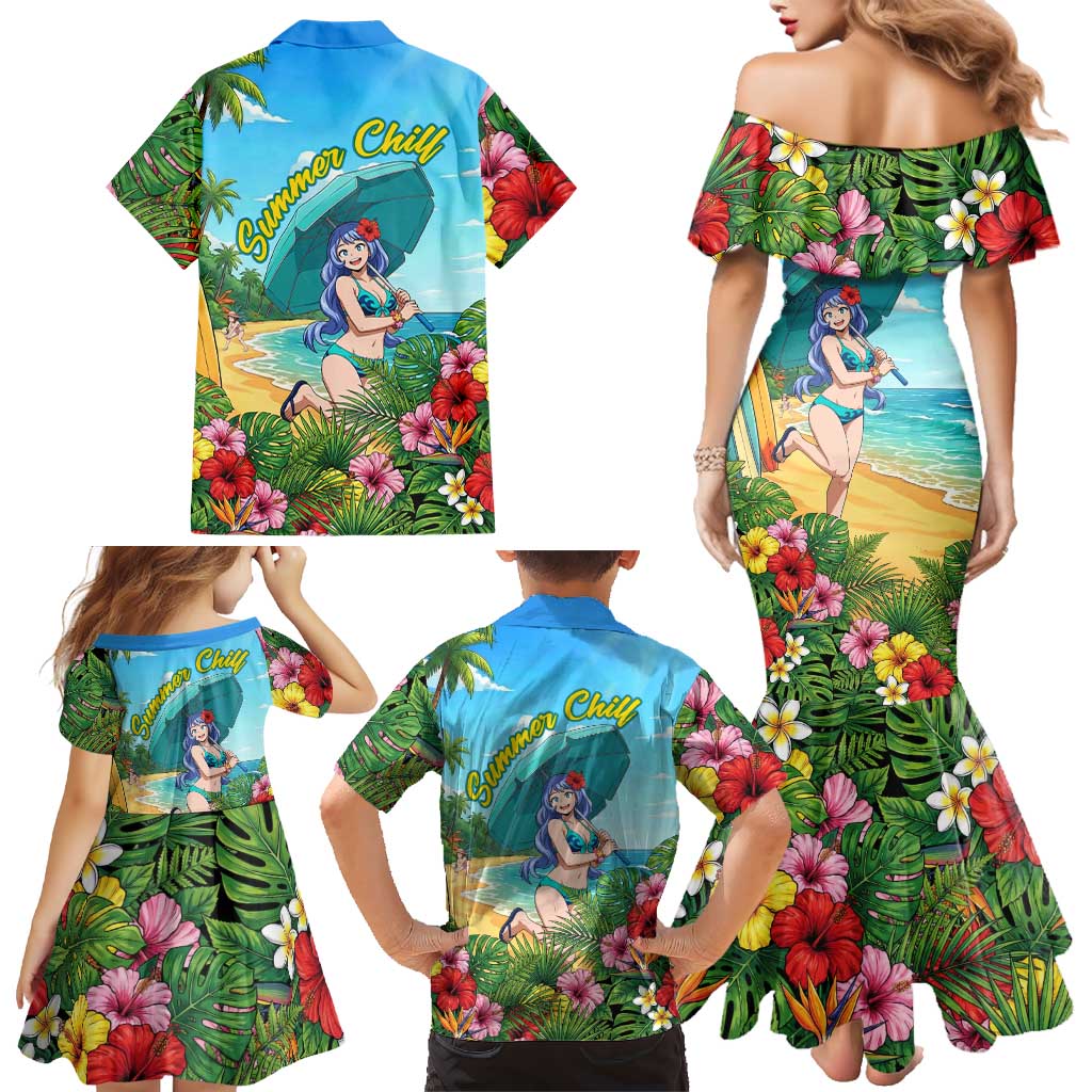 Nejire Hado Summer Chill Family Matching Mermaid Dress and Hawaiian Shirt Tropical Anime Surfside Art