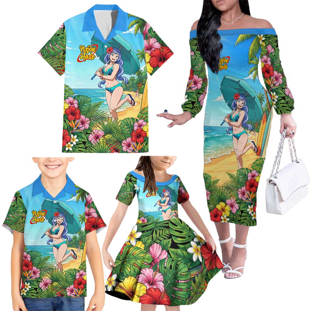 Nejire Hado Summer Chill Family Matching Off The Shoulder Long Sleeve Dress and Hawaiian Shirt Tropical Anime Surfside Art