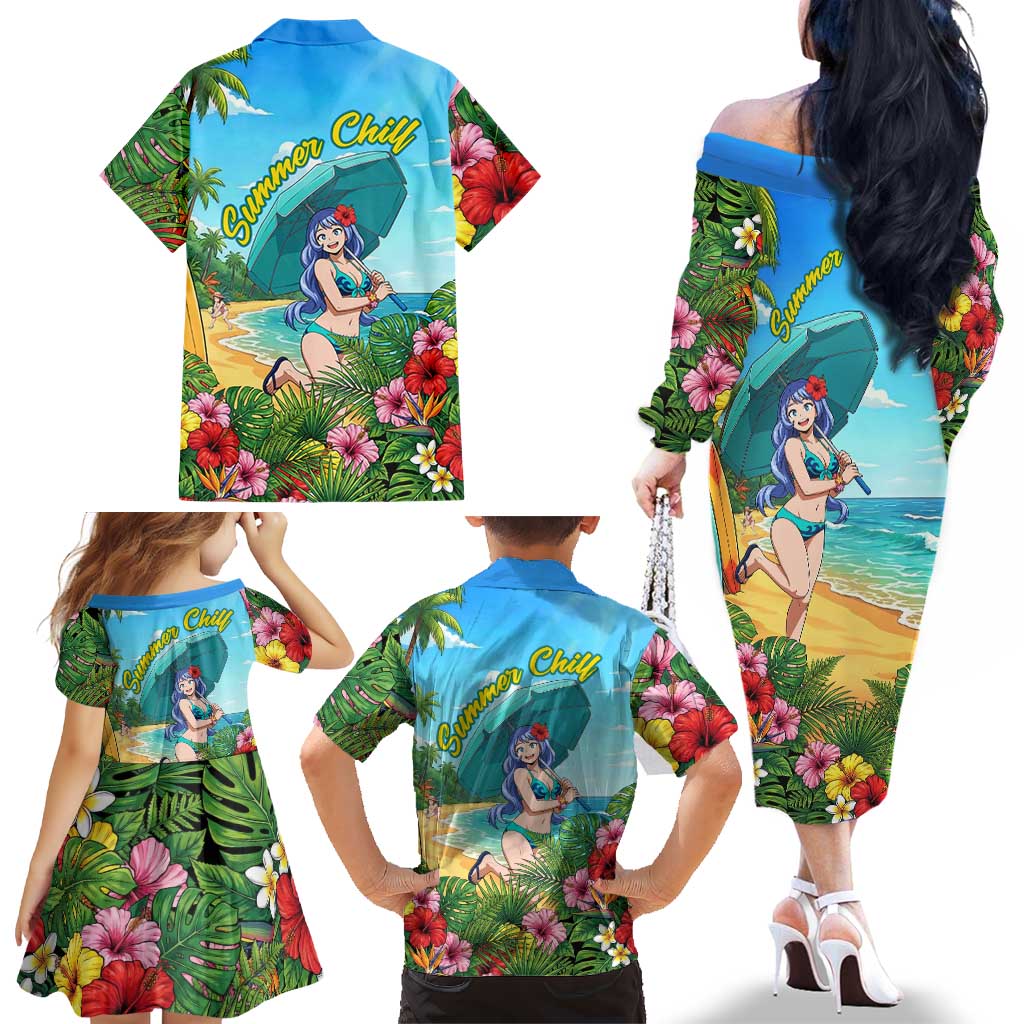 Nejire Hado Summer Chill Family Matching Off The Shoulder Long Sleeve Dress and Hawaiian Shirt Tropical Anime Surfside Art