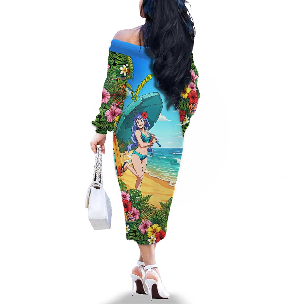 Nejire Hado Summer Chill Family Matching Off The Shoulder Long Sleeve Dress and Hawaiian Shirt Tropical Anime Surfside Art