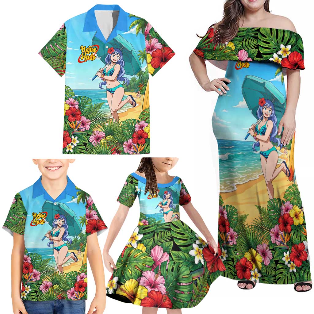 Nejire Hado Summer Chill Family Matching Off Shoulder Maxi Dress and Hawaiian Shirt Tropical Anime Surfside Art