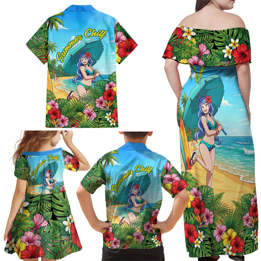 Nejire Hado Summer Chill Family Matching Off Shoulder Maxi Dress and Hawaiian Shirt Tropical Anime Surfside Art