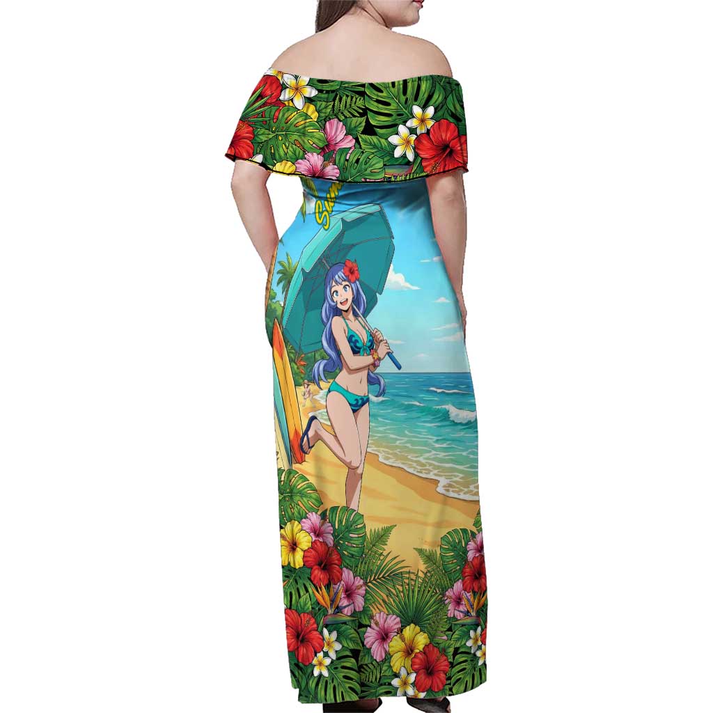 Nejire Hado Summer Chill Family Matching Off Shoulder Maxi Dress and Hawaiian Shirt Tropical Anime Surfside Art