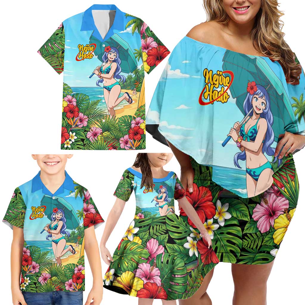 Nejire Hado Summer Chill Family Matching Off Shoulder Short Dress and Hawaiian Shirt Tropical Anime Surfside Art