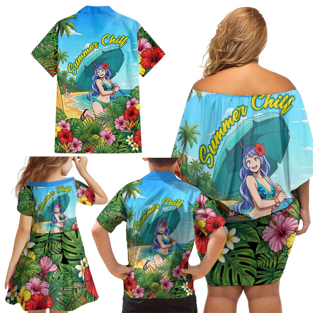 Nejire Hado Summer Chill Family Matching Off Shoulder Short Dress and Hawaiian Shirt Tropical Anime Surfside Art