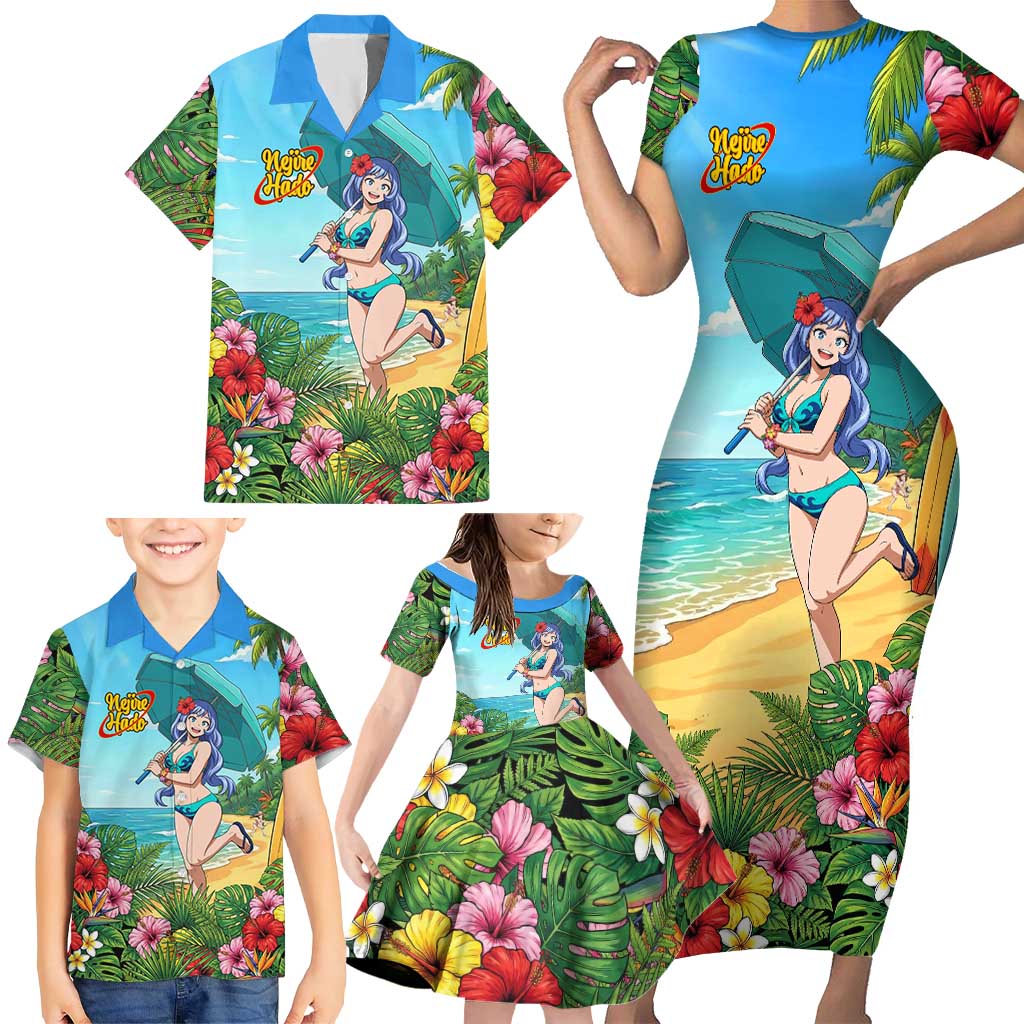Nejire Hado Summer Chill Family Matching Short Sleeve Bodycon Dress and Hawaiian Shirt Tropical Anime Surfside Art