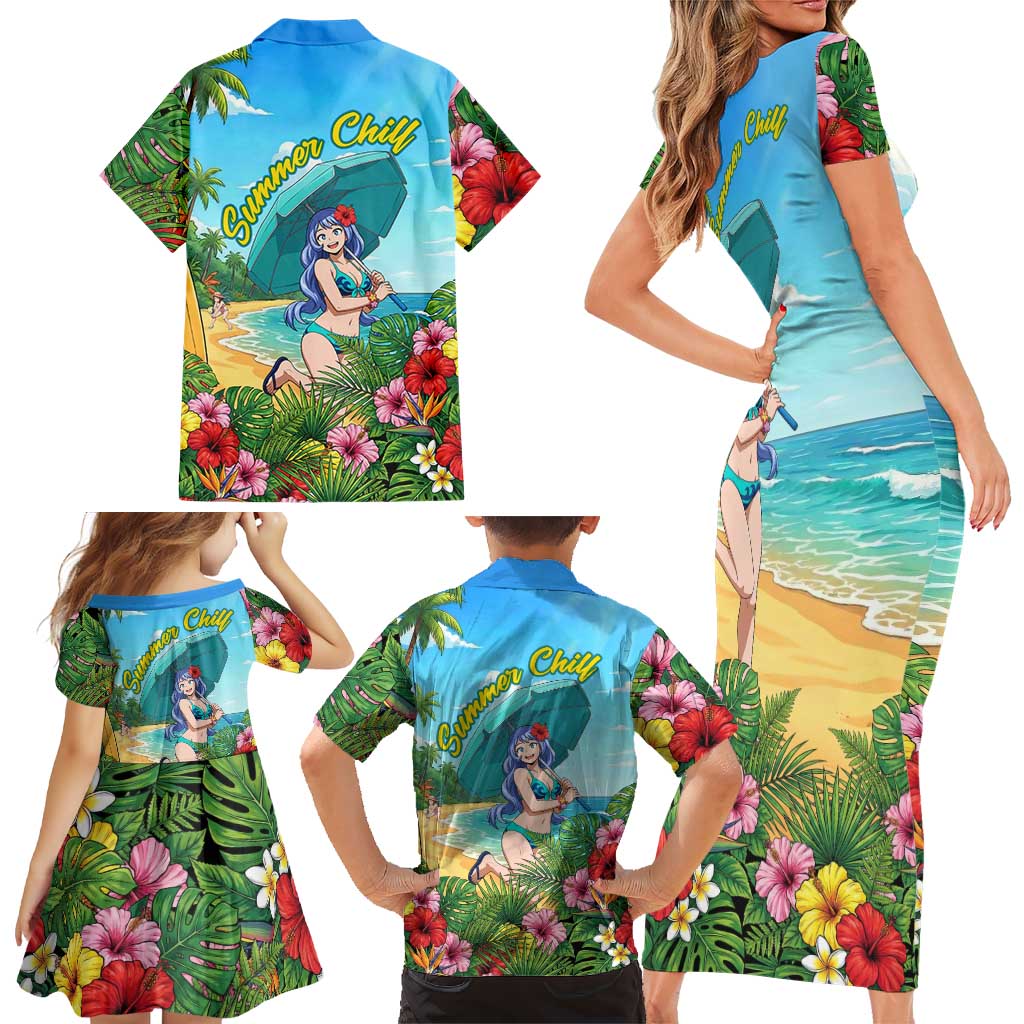 Nejire Hado Summer Chill Family Matching Short Sleeve Bodycon Dress and Hawaiian Shirt Tropical Anime Surfside Art