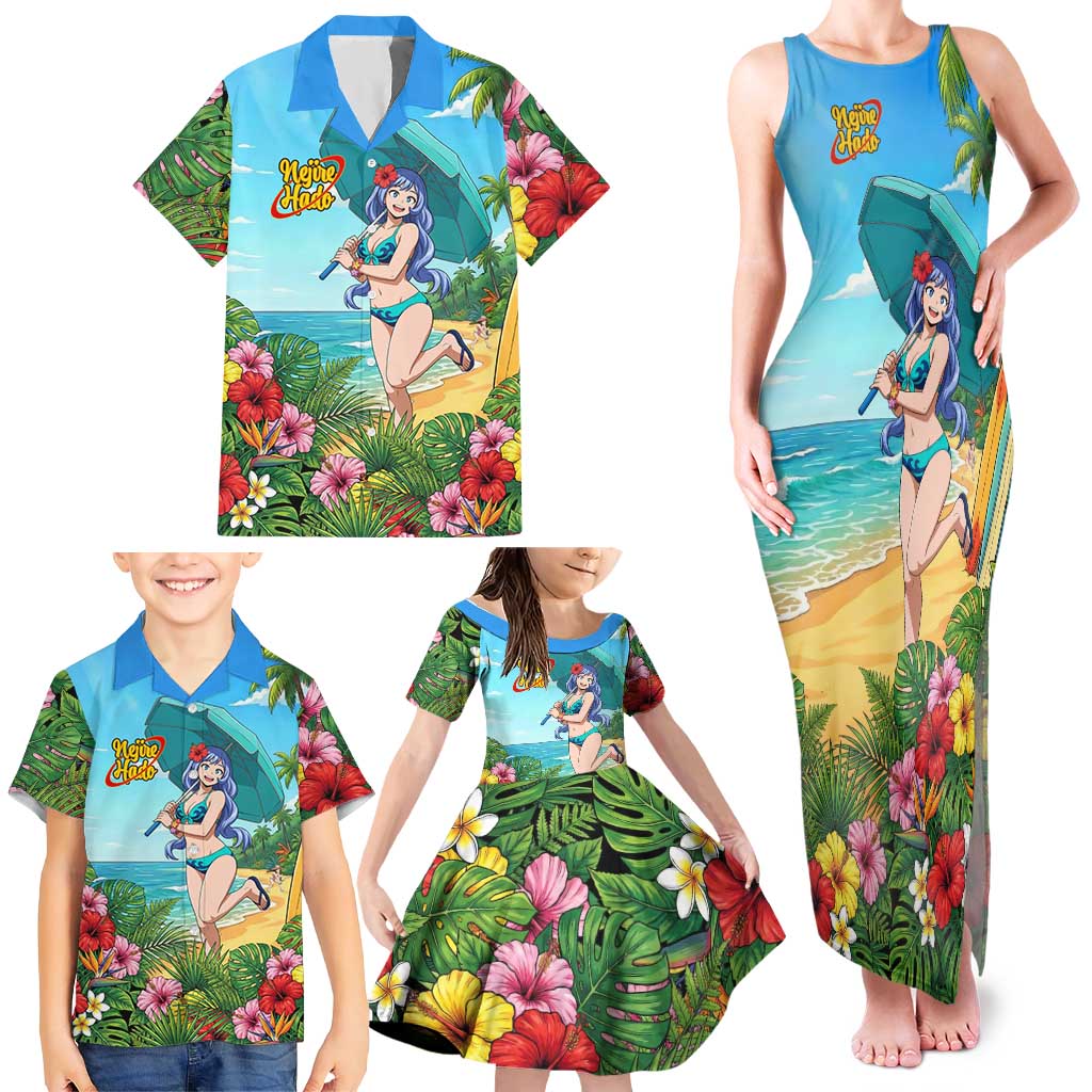 Nejire Hado Summer Chill Family Matching Tank Maxi Dress and Hawaiian Shirt Tropical Anime Surfside Art