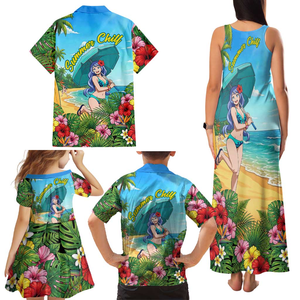 Nejire Hado Summer Chill Family Matching Tank Maxi Dress and Hawaiian Shirt Tropical Anime Surfside Art