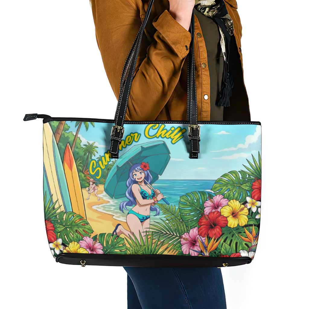 Nejire Hado Summer Chill Leather Tote Bag Tropical Anime Surfside Art