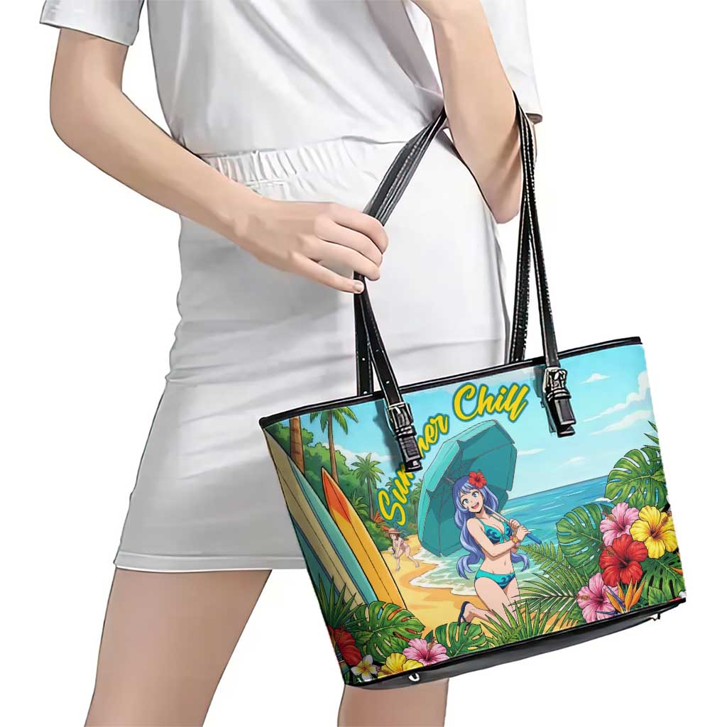 Nejire Hado Summer Chill Leather Tote Bag Tropical Anime Surfside Art