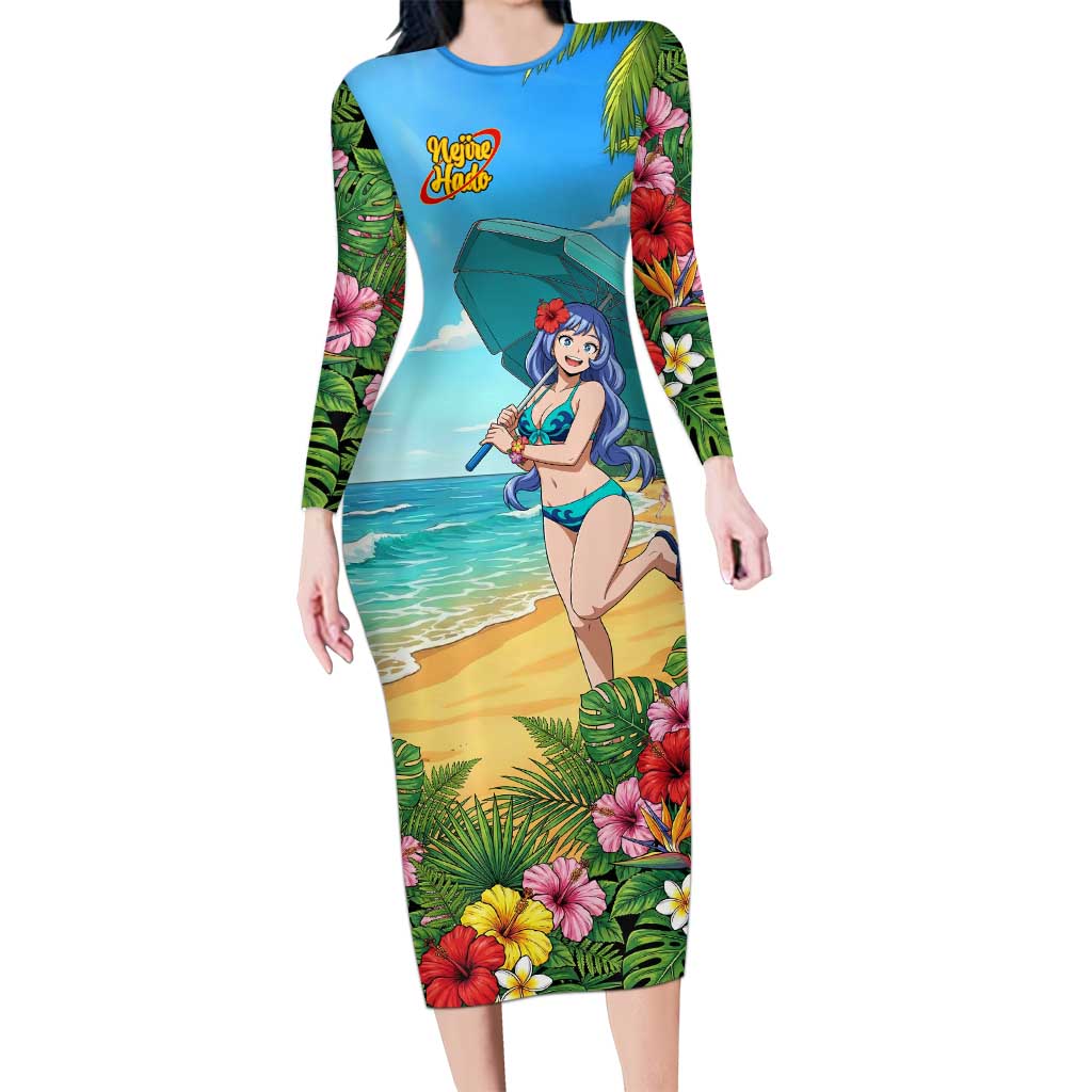 Nejire Hado Summer Chill Long Sleeve Bodycon Dress Tropical Anime Surfside Art