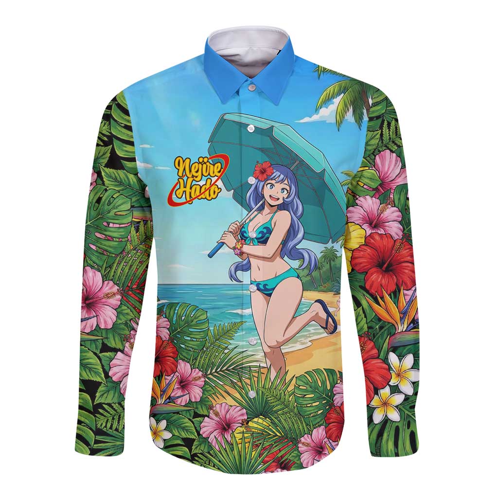 Nejire Hado Summer Chill Long Sleeve Button Shirt Tropical Anime Surfside Art