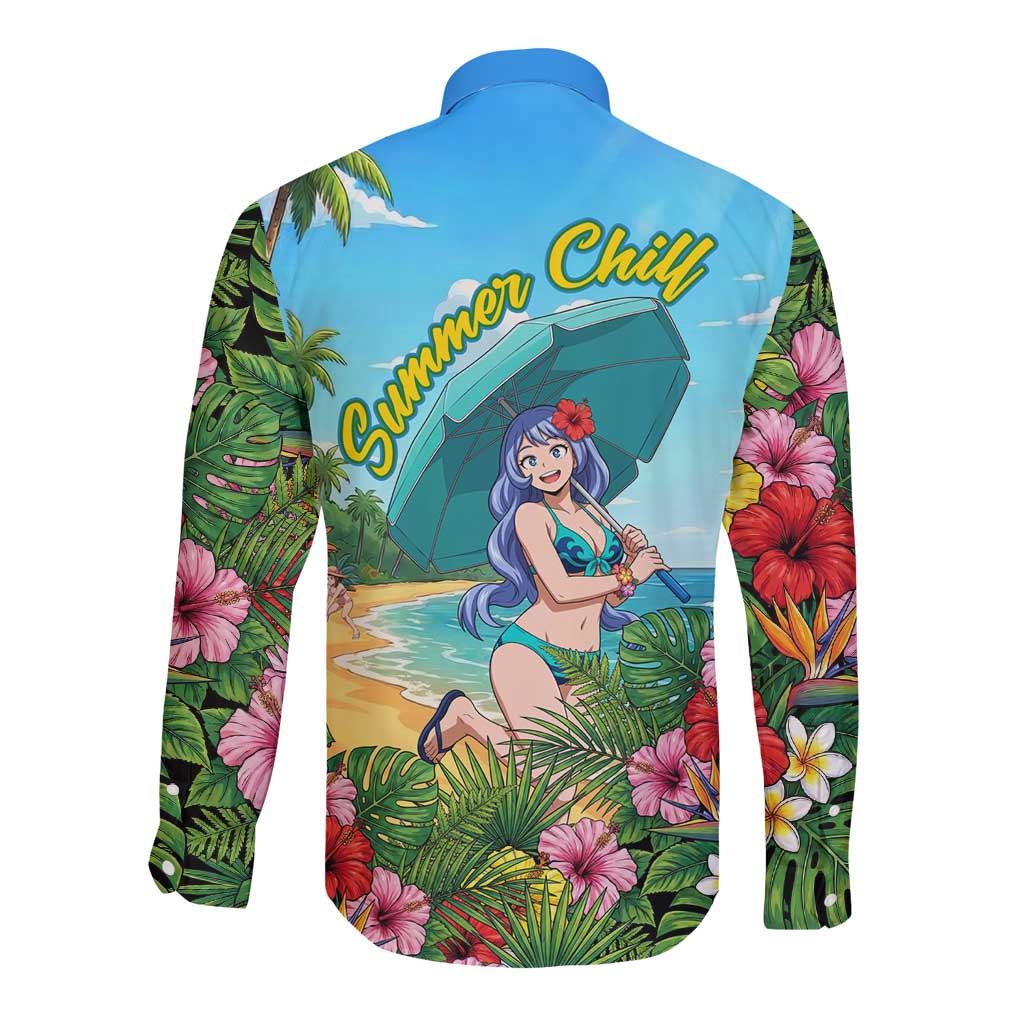 Nejire Hado Summer Chill Long Sleeve Button Shirt Tropical Anime Surfside Art