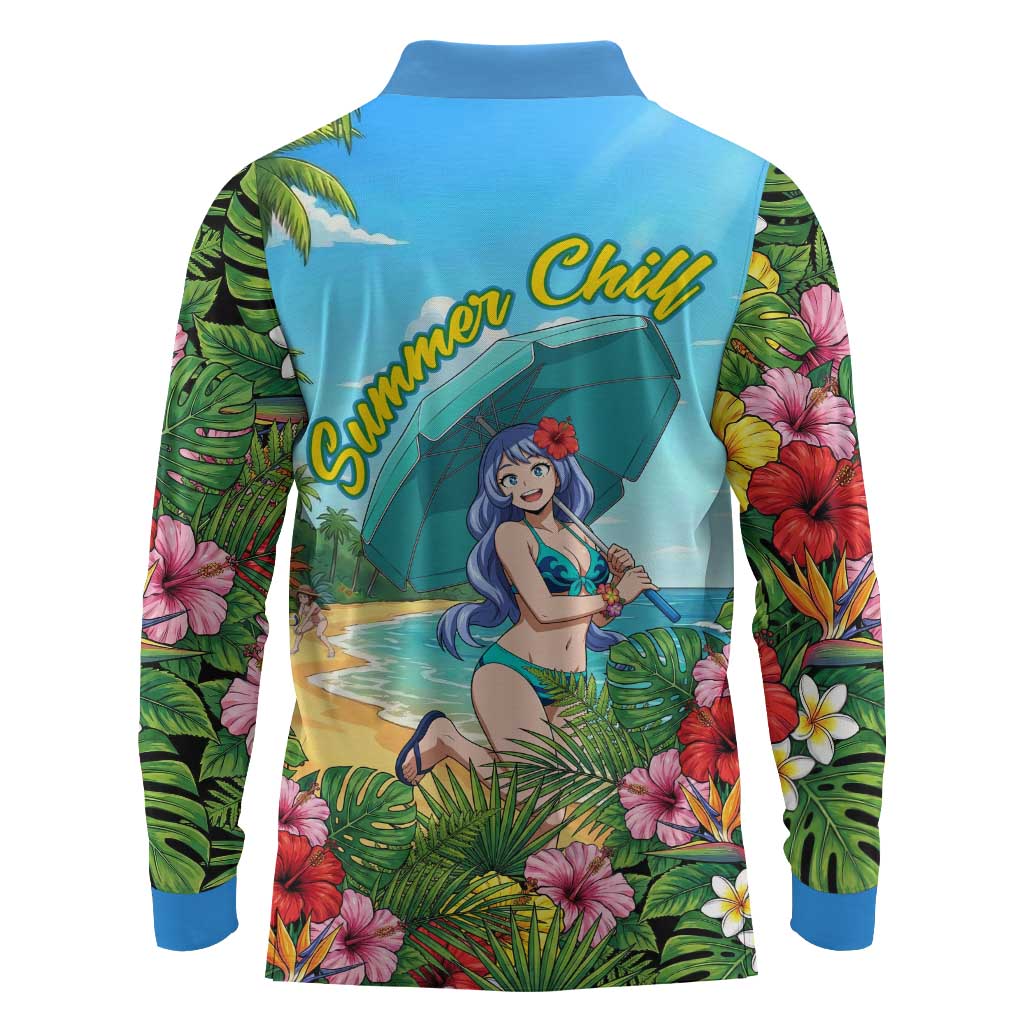 Nejire Hado Summer Chill Long Sleeve Polo Shirt Tropical Anime Surfside Art