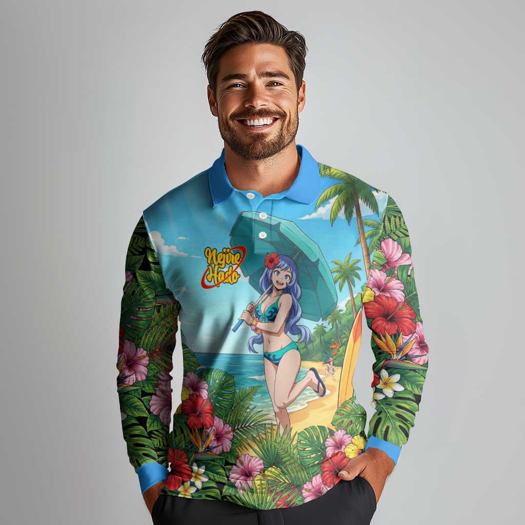 Nejire Hado Summer Chill Long Sleeve Polo Shirt Tropical Anime Surfside Art
