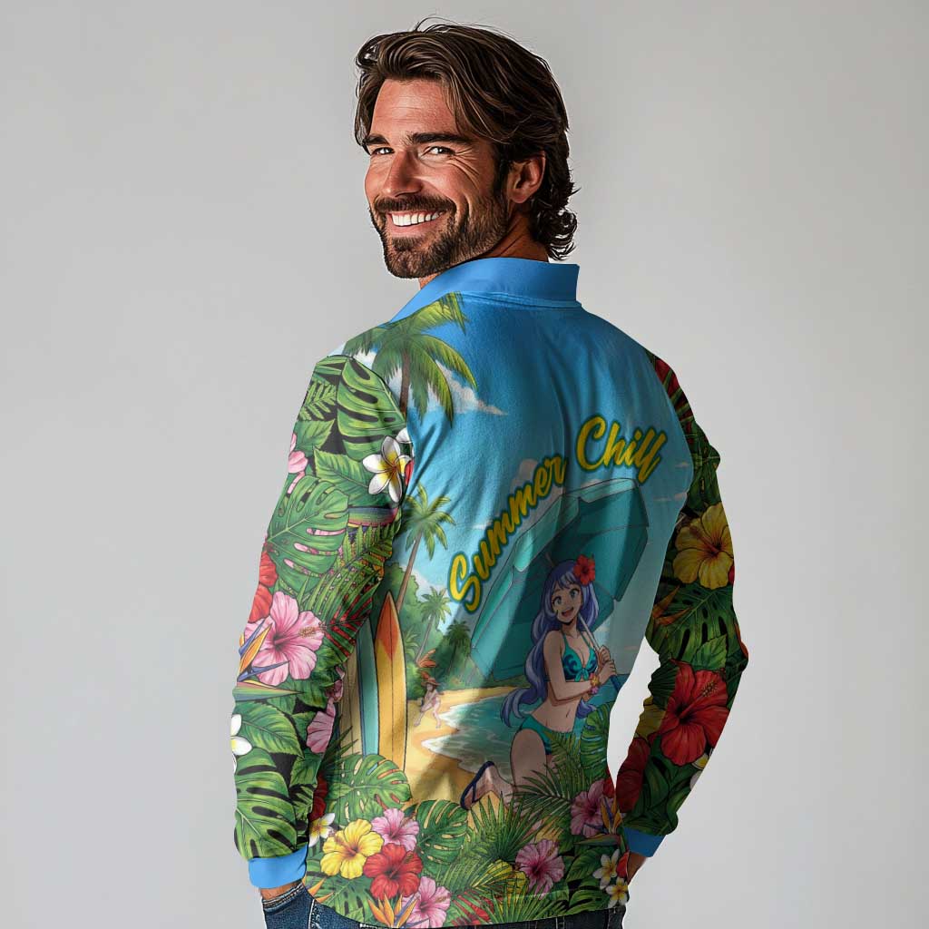 Nejire Hado Summer Chill Long Sleeve Polo Shirt Tropical Anime Surfside Art