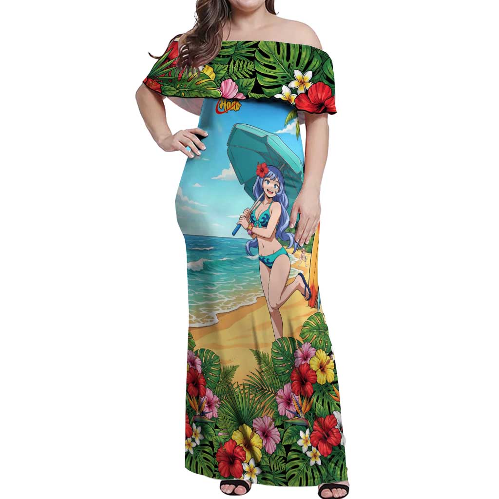 Nejire Hado Summer Chill Off Shoulder Maxi Dress Tropical Anime Surfside Art