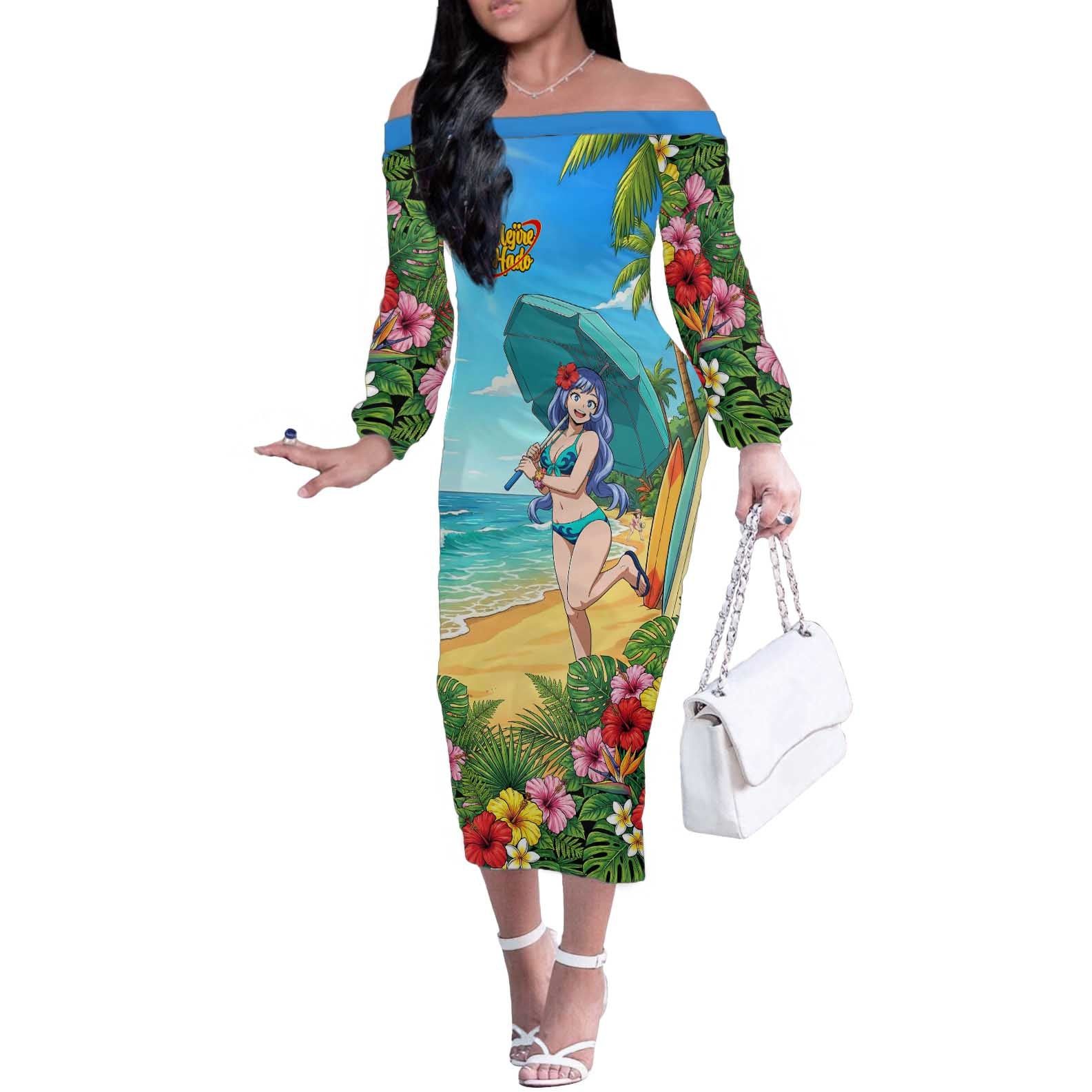 Nejire Hado Summer Chill Off The Shoulder Long Sleeve Dress Tropical Anime Surfside Art