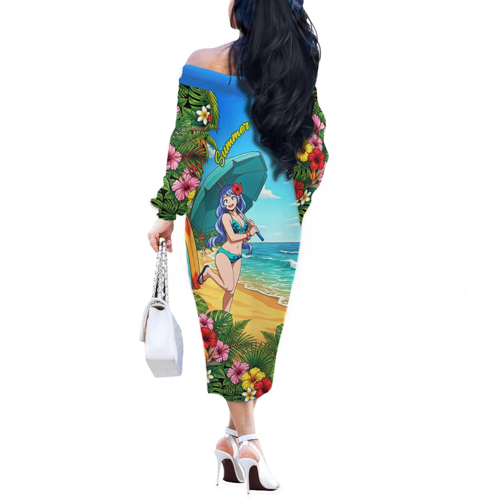 Nejire Hado Summer Chill Off The Shoulder Long Sleeve Dress Tropical Anime Surfside Art