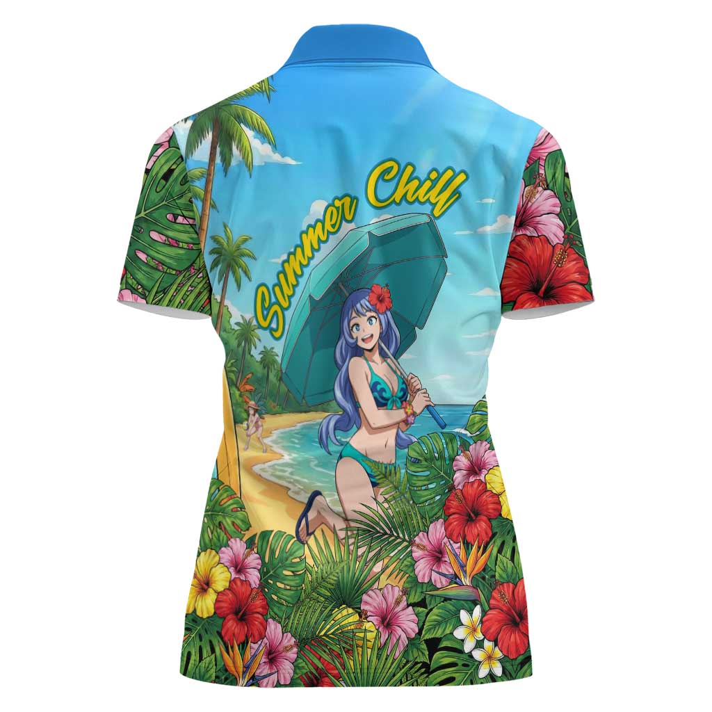 Nejire Hado Summer Chill Women Polo Shirt Tropical Anime Surfside Art