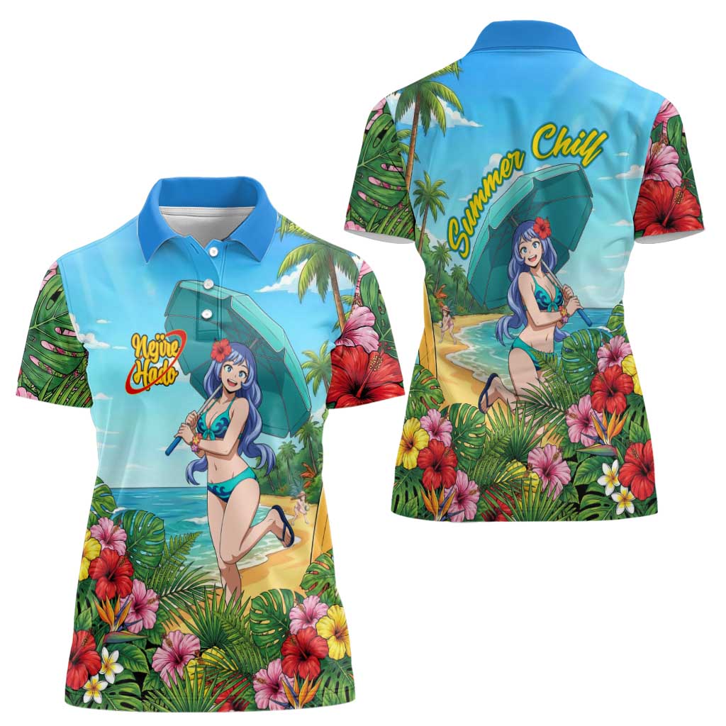 Nejire Hado Summer Chill Women Polo Shirt Tropical Anime Surfside Art