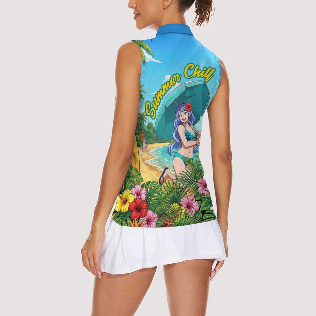 Nejire Hado Summer Chill Women Sleeveless Polo Shirt Tropical Anime Surfside Art