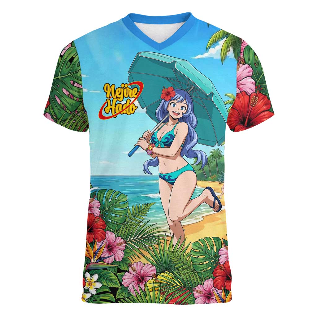 Nejire Hado Summer Chill Women V-Neck T-Shirt Tropical Anime Surfside Art