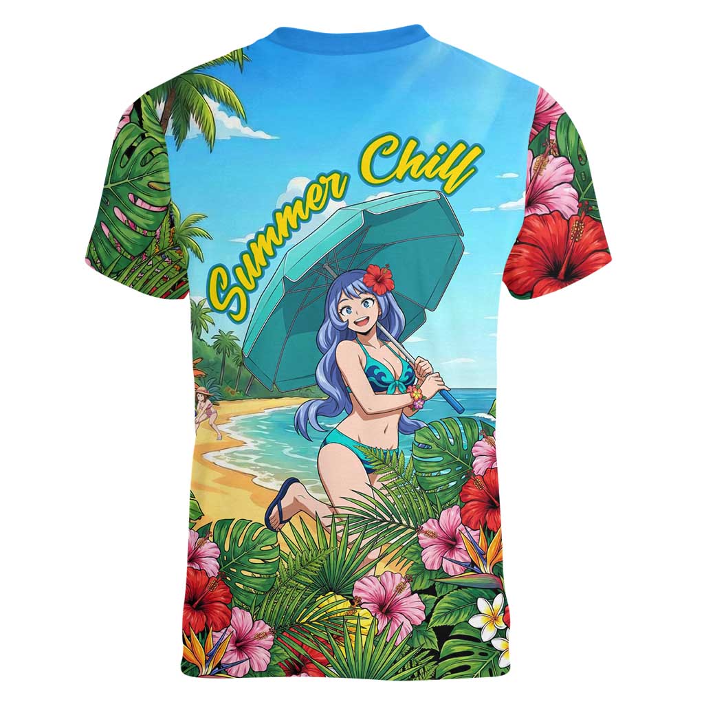 Nejire Hado Summer Chill Women V-Neck T-Shirt Tropical Anime Surfside Art