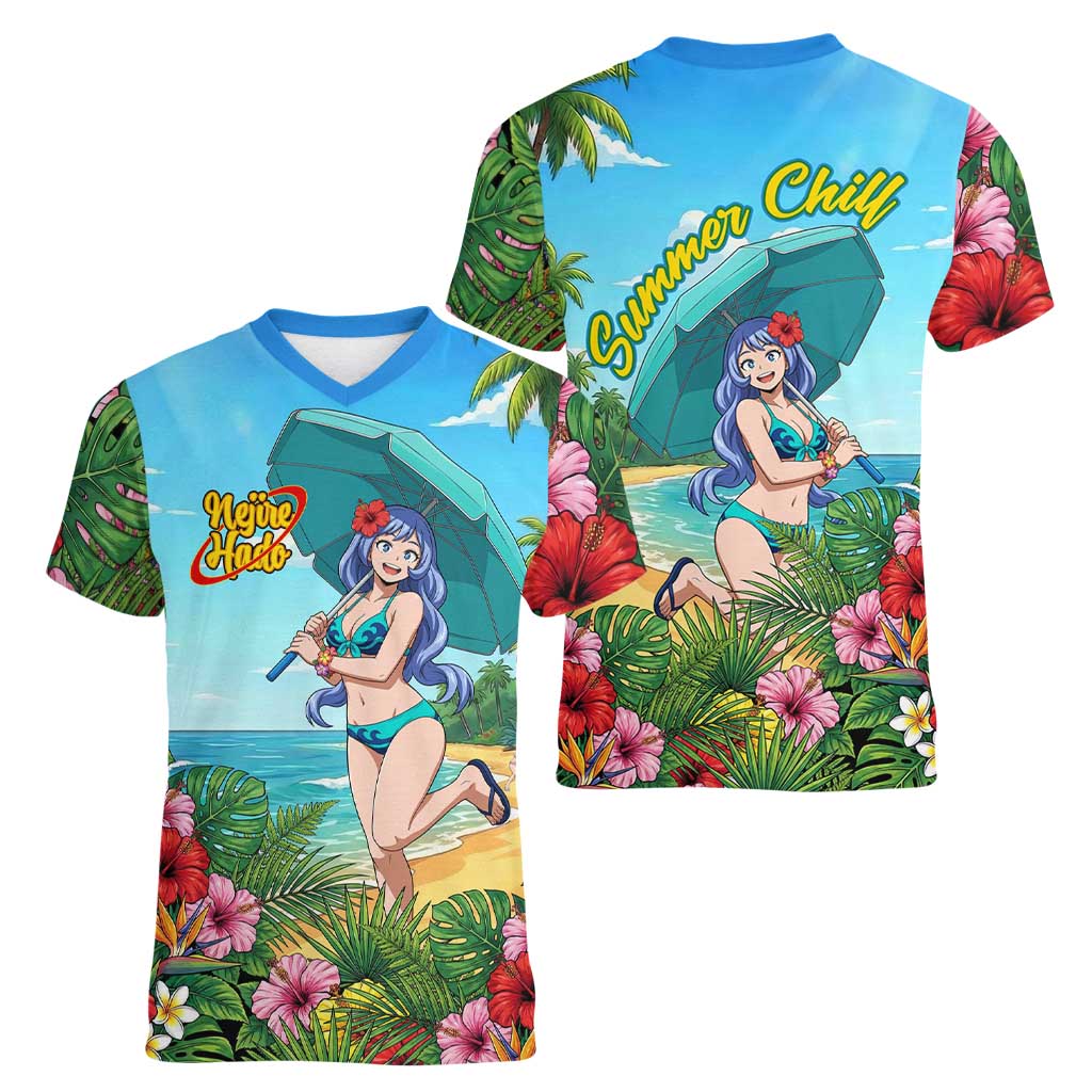 Nejire Hado Summer Chill Women V-Neck T-Shirt Tropical Anime Surfside Art
