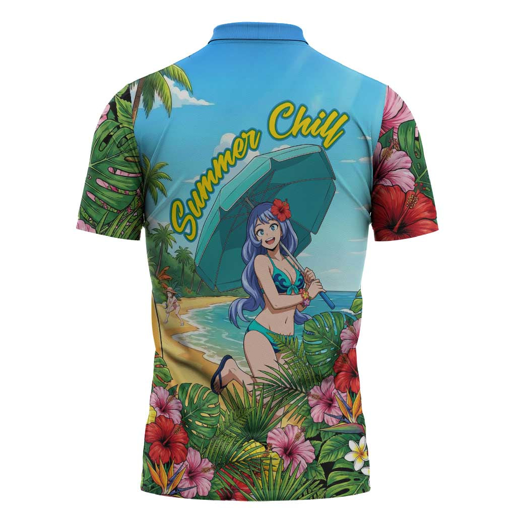Nejire Hado Summer Chill Zipper Polo Shirt Tropical Anime Surfside Art