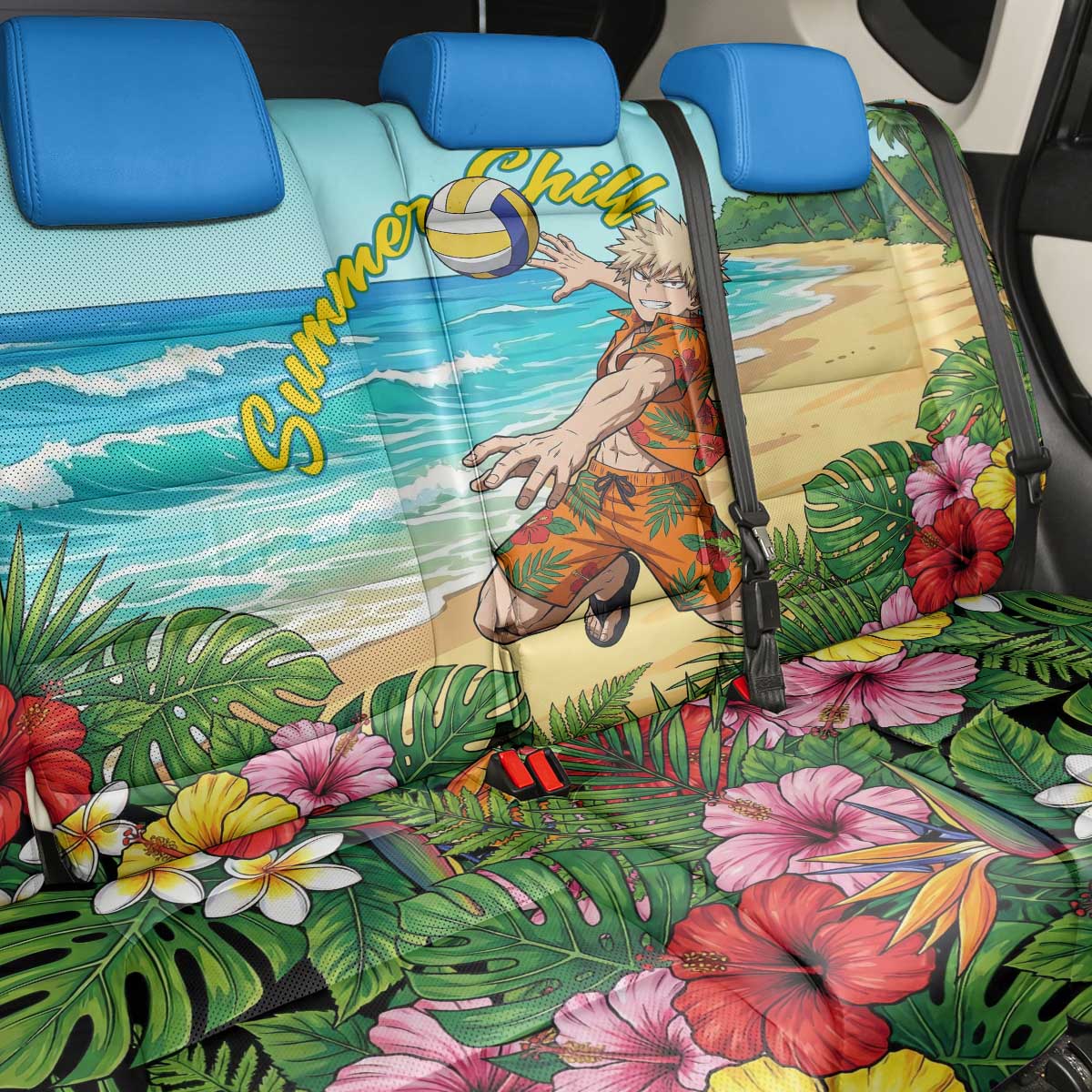Katsuki Bakugo Summer Chill Back Car Seat Cover Tropical Anime Action Scene