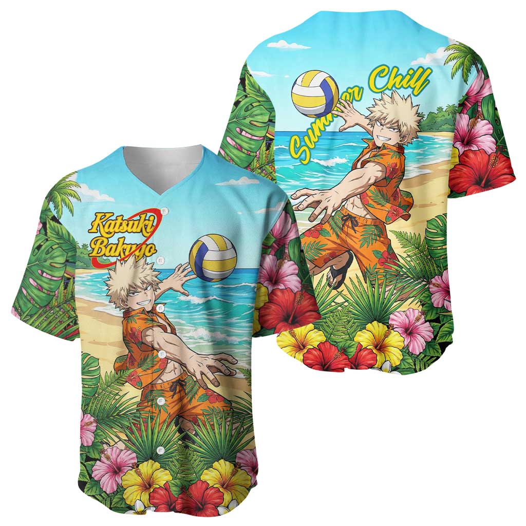 Katsuki Bakugo Summer Chill Baseball Jersey Tropical Anime Action Scene