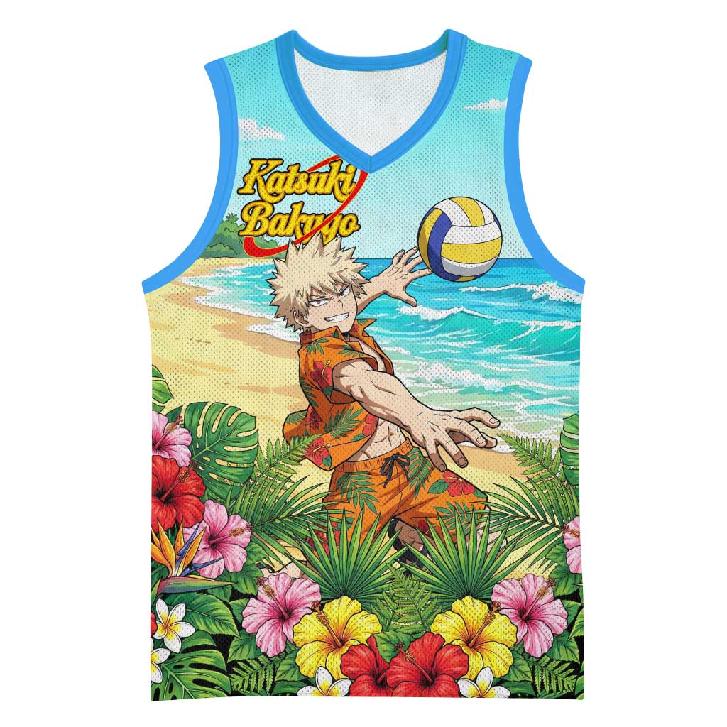 Katsuki Bakugo Summer Chill Basketball Jersey Tropical Anime Action Scene
