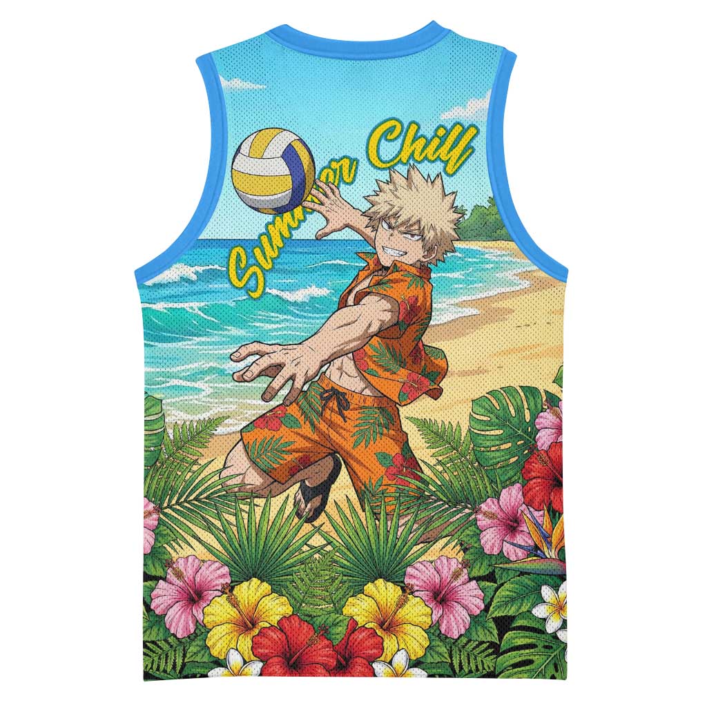 Katsuki Bakugo Summer Chill Basketball Jersey Tropical Anime Action Scene