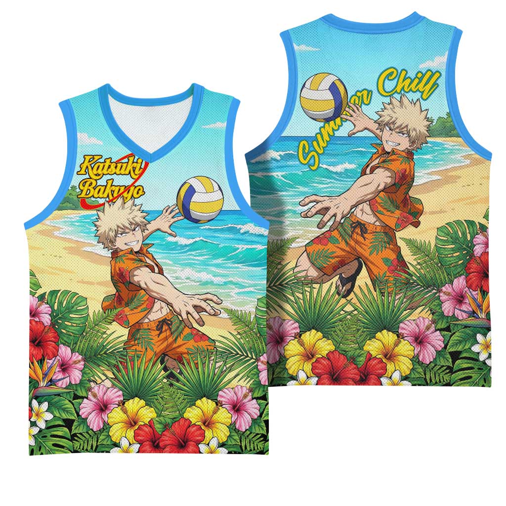 Katsuki Bakugo Summer Chill Basketball Jersey Tropical Anime Action Scene