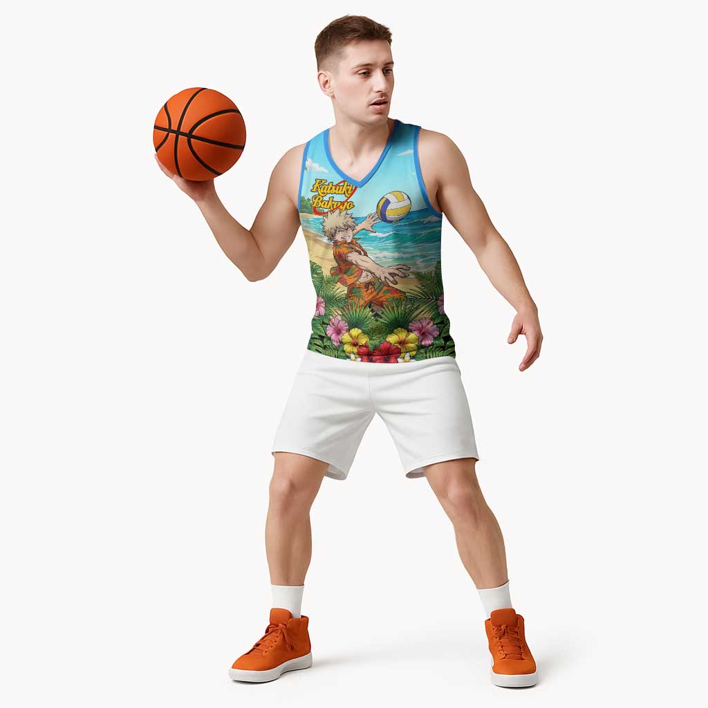 Katsuki Bakugo Summer Chill Basketball Jersey Tropical Anime Action Scene