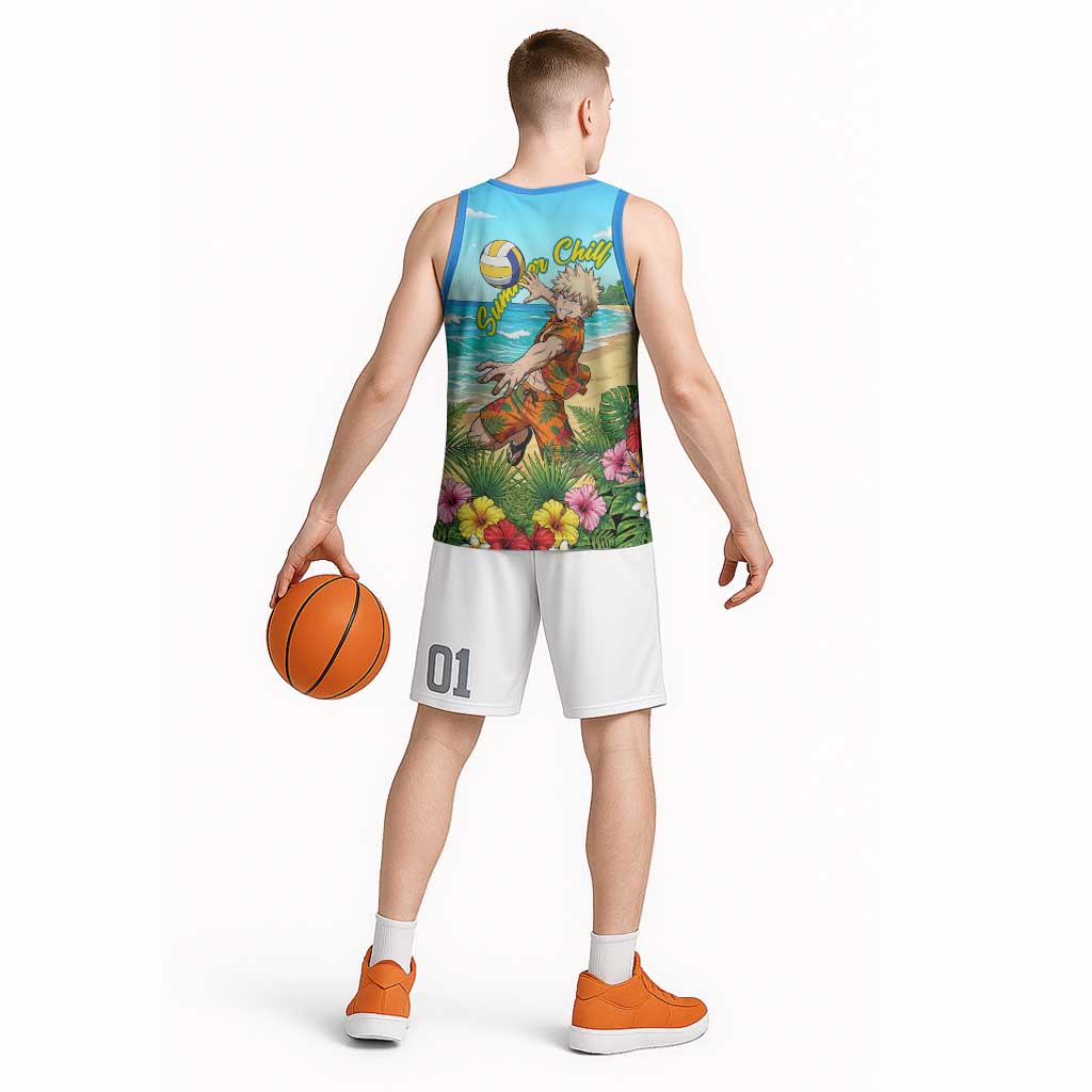 Katsuki Bakugo Summer Chill Basketball Jersey Tropical Anime Action Scene