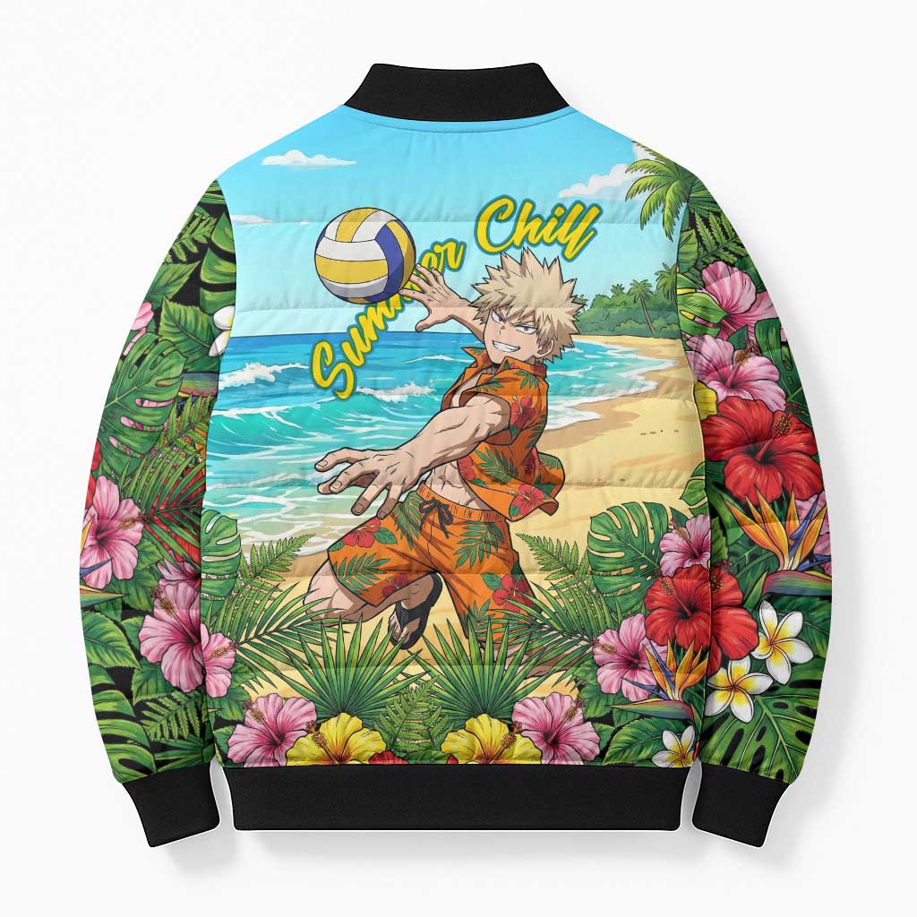 Katsuki Bakugo Summer Chill Bomber Puffer Jacket Tropical Anime Action Scene