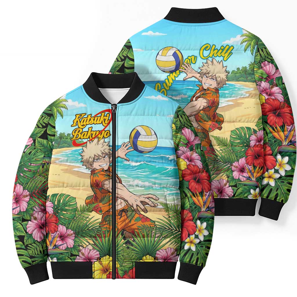 Katsuki Bakugo Summer Chill Bomber Puffer Jacket Tropical Anime Action Scene