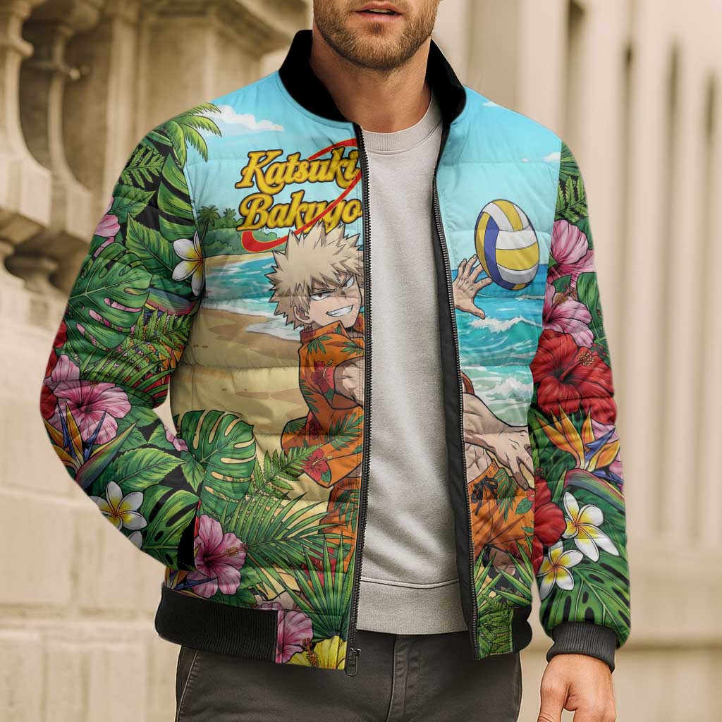 Katsuki Bakugo Summer Chill Bomber Puffer Jacket Tropical Anime Action Scene