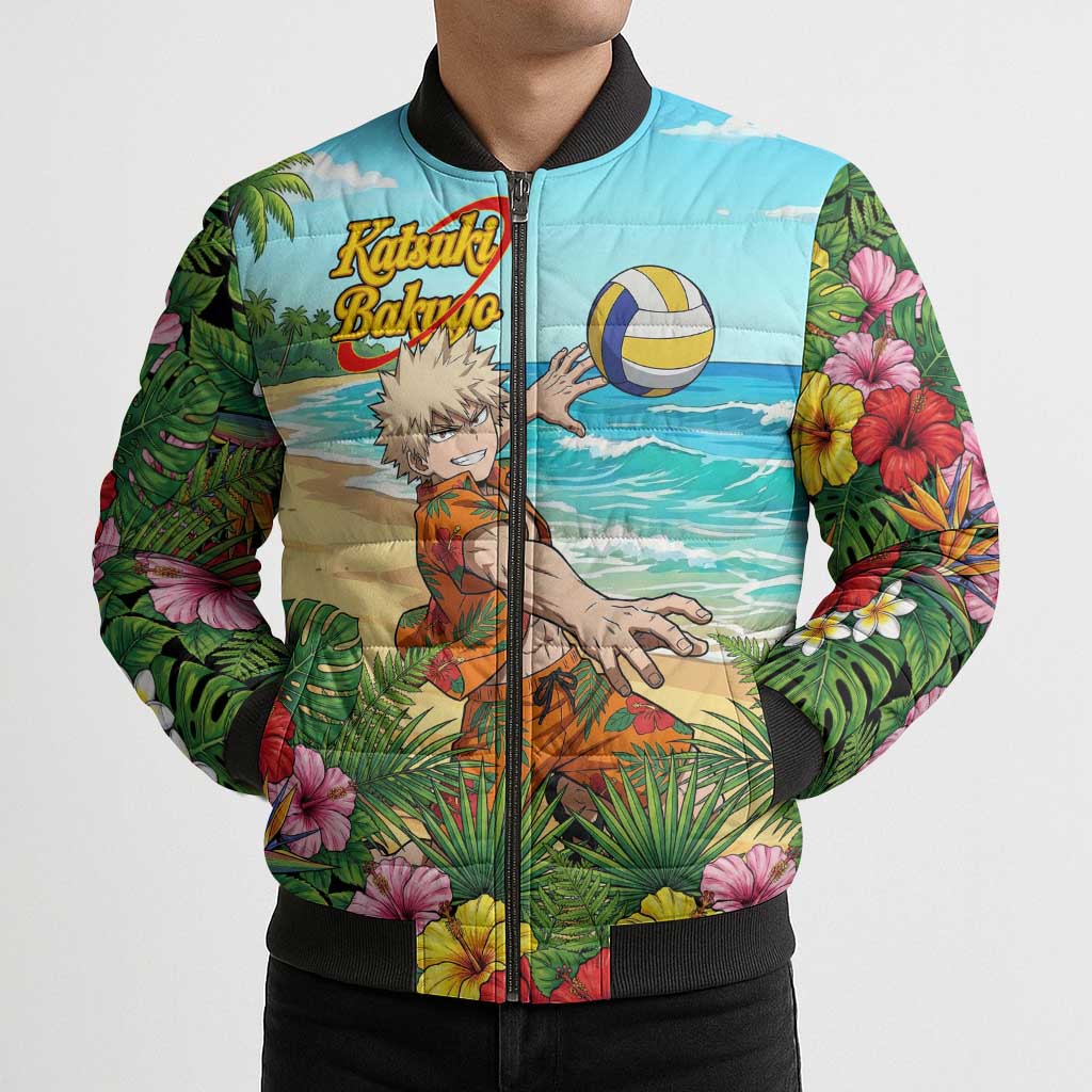 Katsuki Bakugo Summer Chill Bomber Puffer Jacket Tropical Anime Action Scene