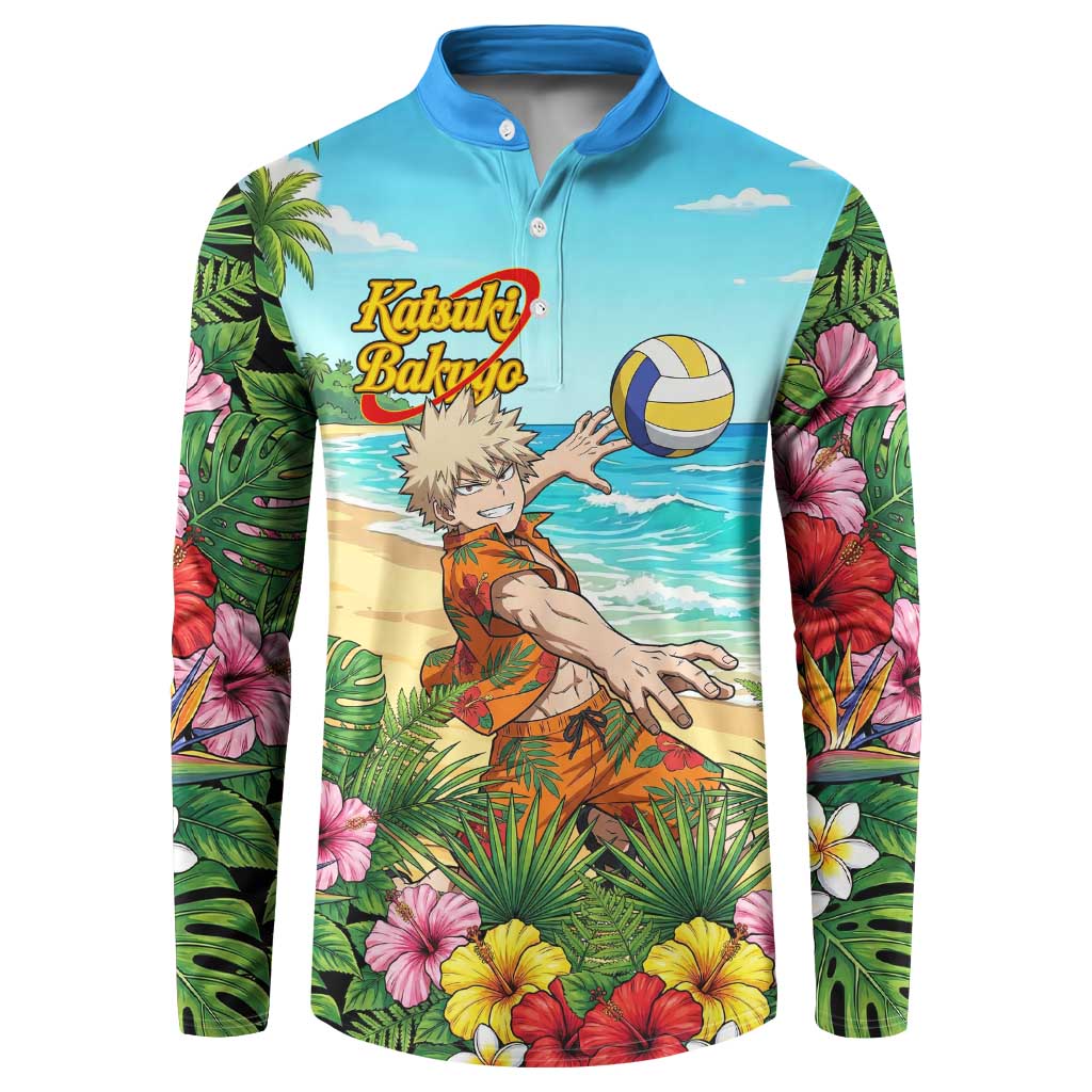 Katsuki Bakugo Summer Chill Button Sweatshirt Tropical Anime Action Scene