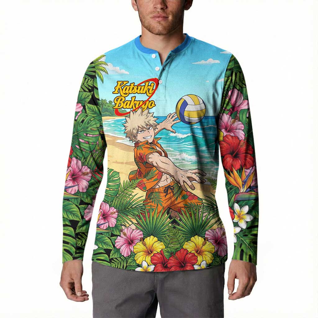 Katsuki Bakugo Summer Chill Button Sweatshirt Tropical Anime Action Scene