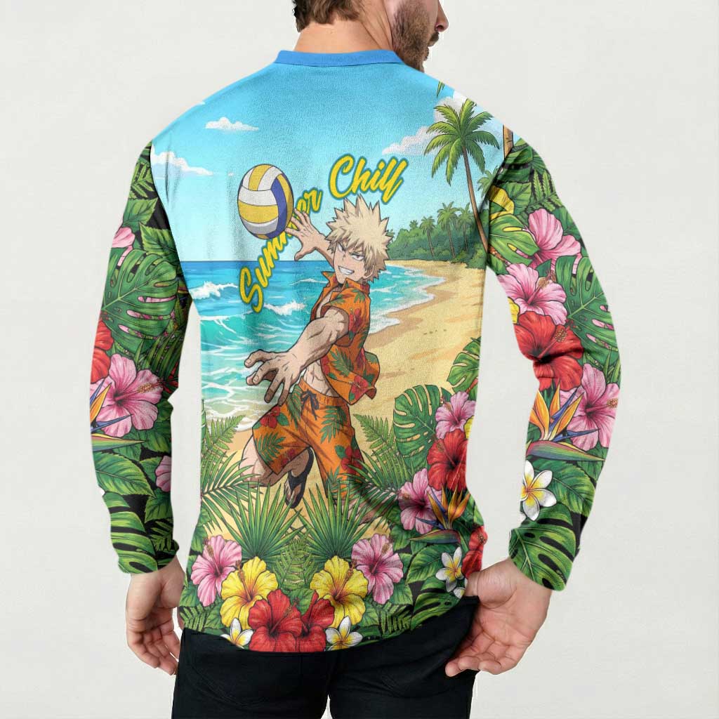 Katsuki Bakugo Summer Chill Button Sweatshirt Tropical Anime Action Scene