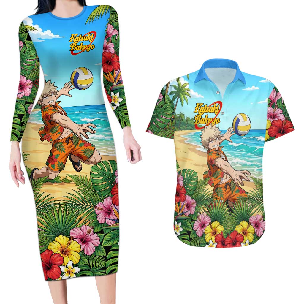 Katsuki Bakugo Summer Chill Couples Matching Long Sleeve Bodycon Dress and Hawaiian Shirt Tropical Anime Action Scene