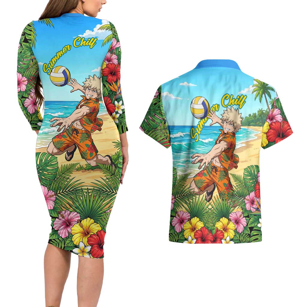 Katsuki Bakugo Summer Chill Couples Matching Long Sleeve Bodycon Dress and Hawaiian Shirt Tropical Anime Action Scene
