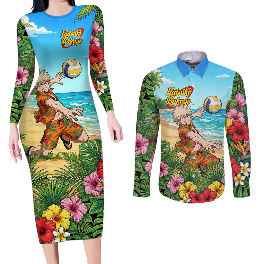 Katsuki Bakugo Summer Chill Couples Matching Long Sleeve Bodycon Dress and Long Sleeve Button Shirt Tropical Anime Action Scene
