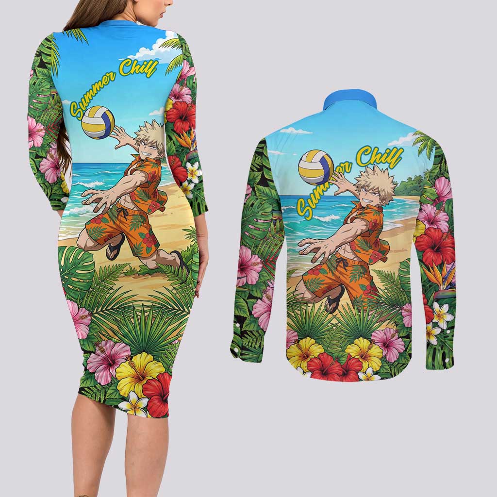 Katsuki Bakugo Summer Chill Couples Matching Long Sleeve Bodycon Dress and Long Sleeve Button Shirt Tropical Anime Action Scene